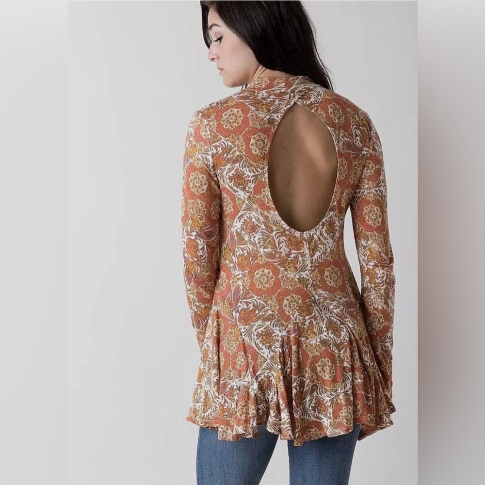 Free People Orange Floral Geometric Mock Neck Tunic Top | Long Sleeve | Size XS